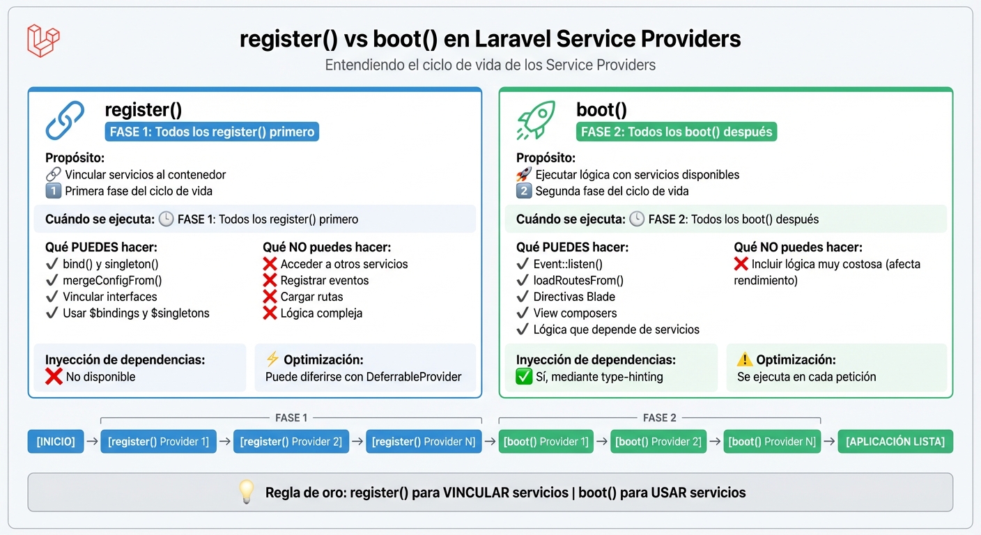 Diferencias entre register() y boot() en Laravel Service Providers