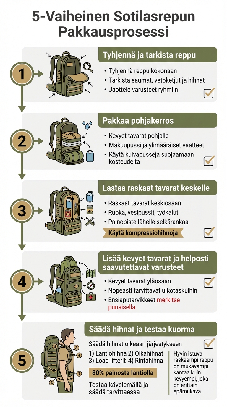 Sotilasrepun pakkaaminen vaiheittain: 5 vaiheen ohje
