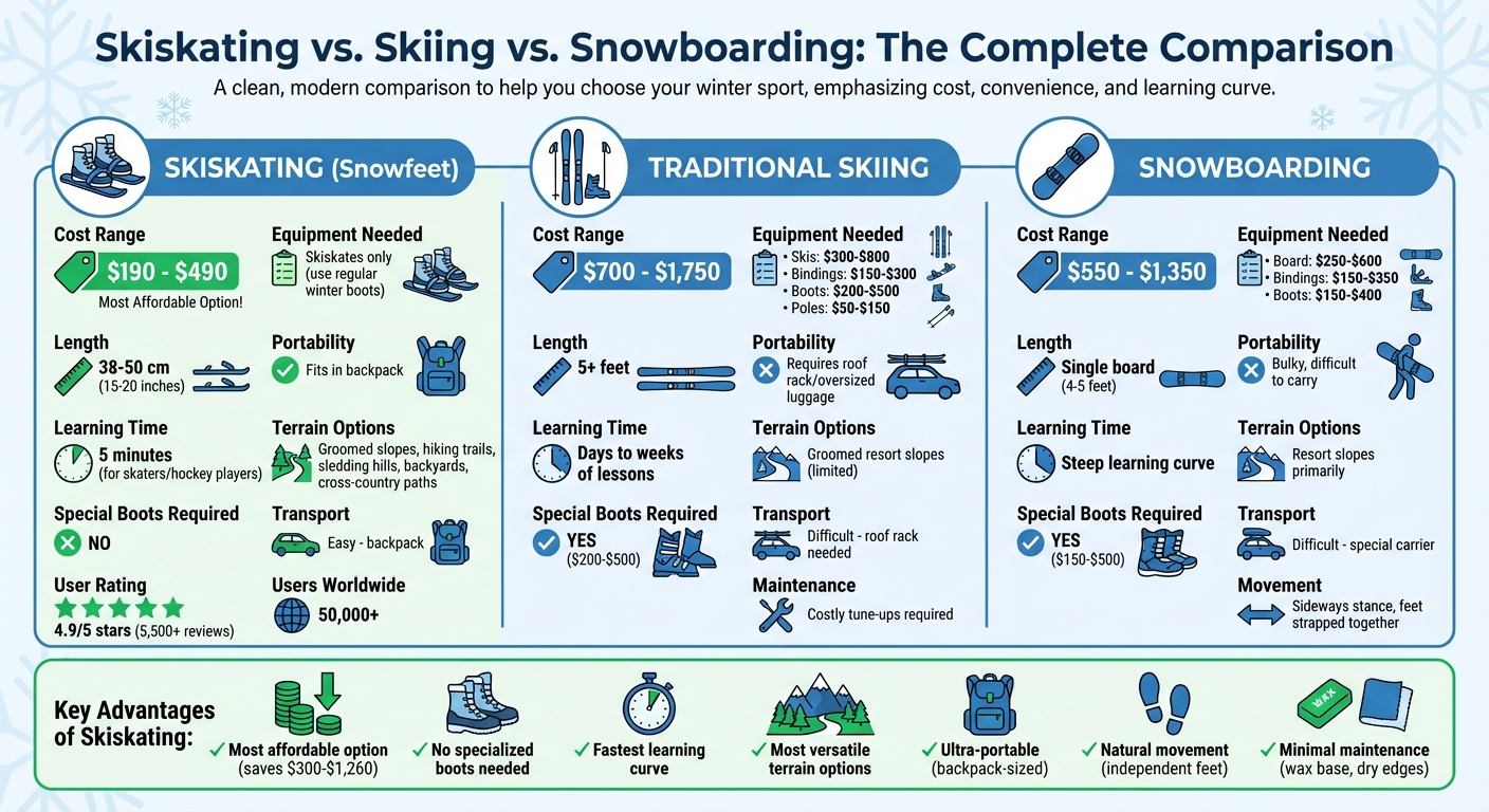 Skiskates vs 従来のスキー vs スノーボード 2026年のコストと特徴比較