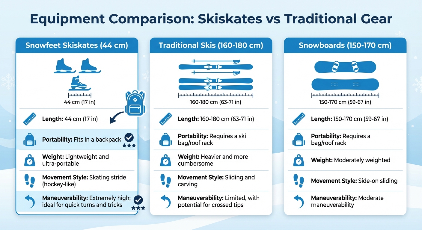 Snowfeet Skiskatesと従来のスキー・スノーボードの比較