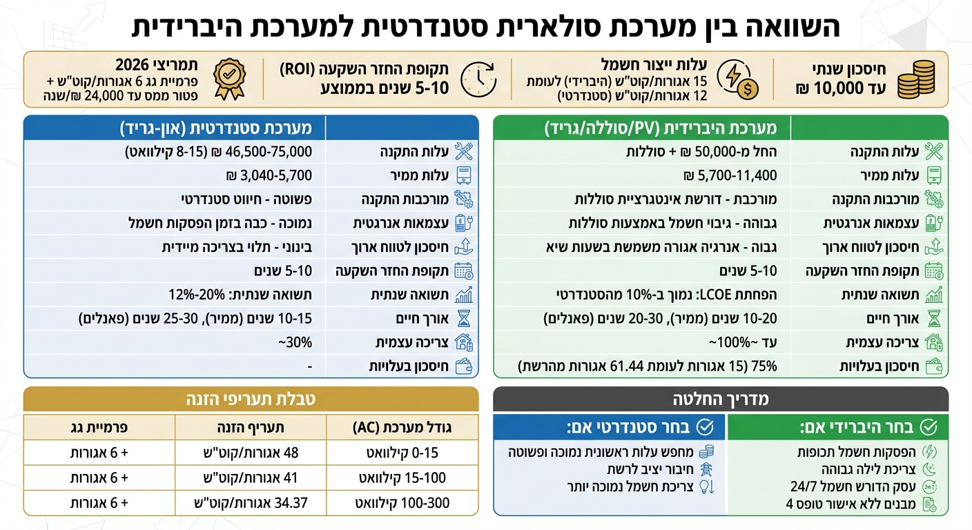 השוואה בין מערכות סולאריות היברידיות וסטנדרטיות - עלויות ותשואה