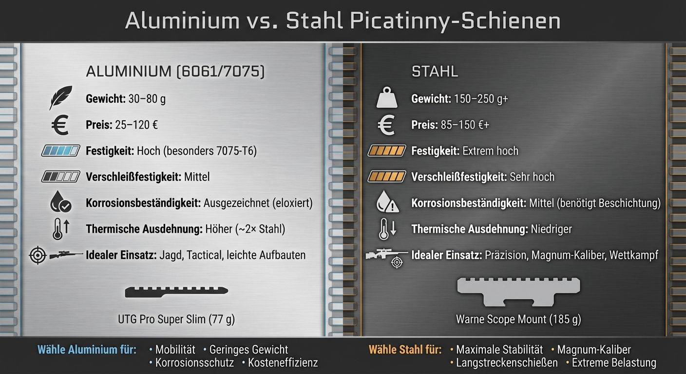 Aluminium vs. Stahl Picatinny-Schienen Vergleich: Gewicht, Preis und Eigenschaften