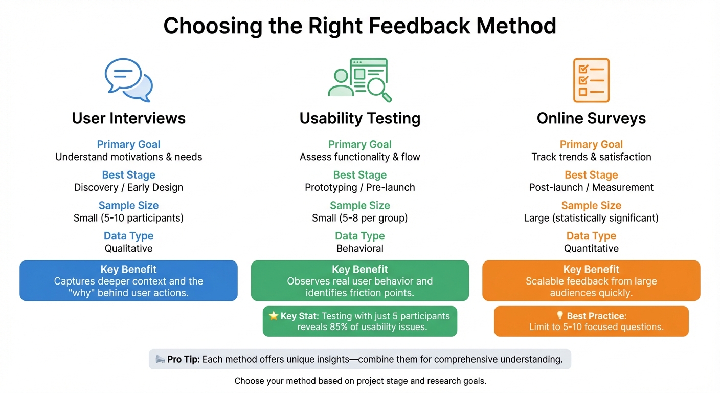 User Feedback Methods Comparison: Interviews vs Usability Testing vs Surveys