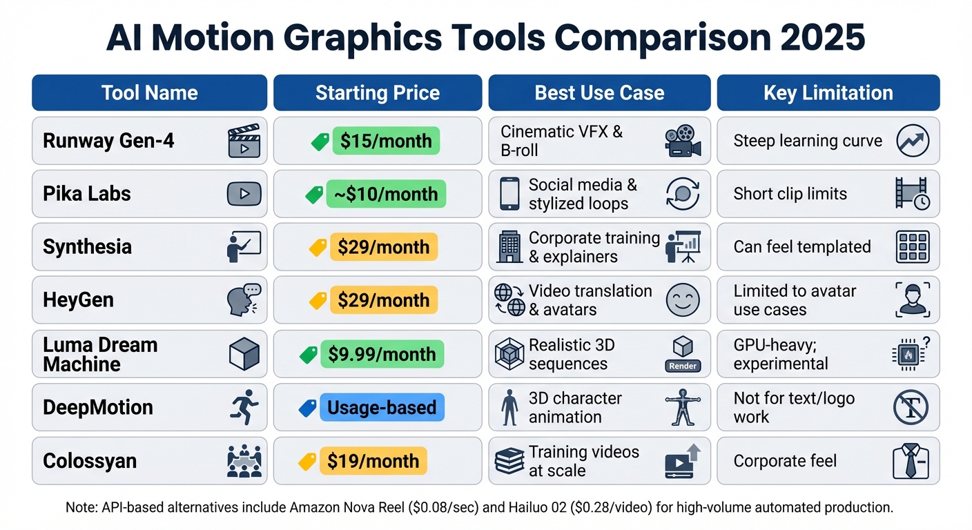 AI Motion Graphics Tools Comparison 2025: Features, Pricing and Best Use Cases