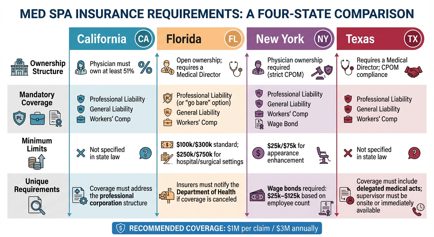 State-by-State Med Spa Insurance Requirements Comparison: CA, FL, NY, TX