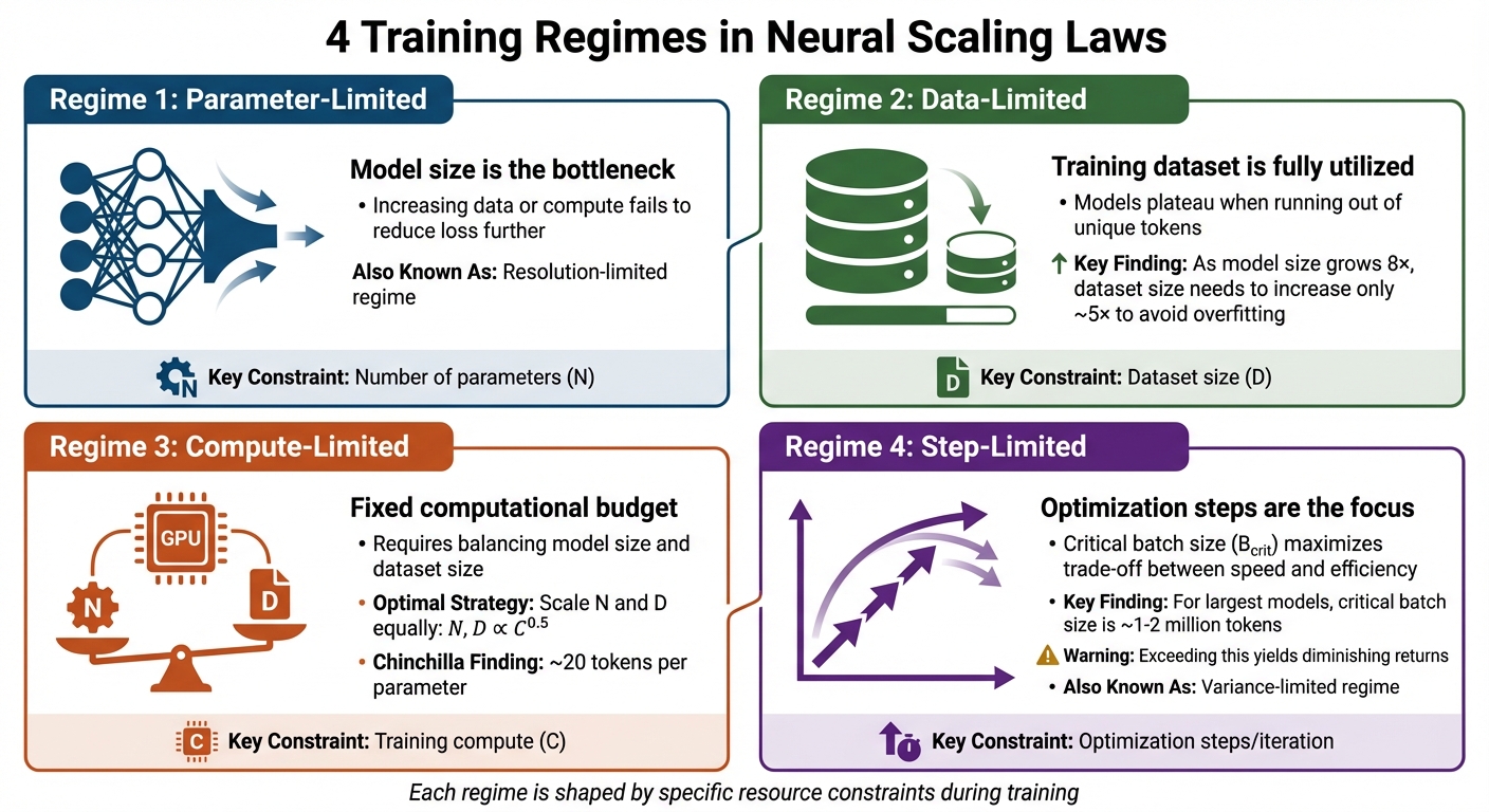 Four Training Regimes in Neural Scaling Laws for LLMs