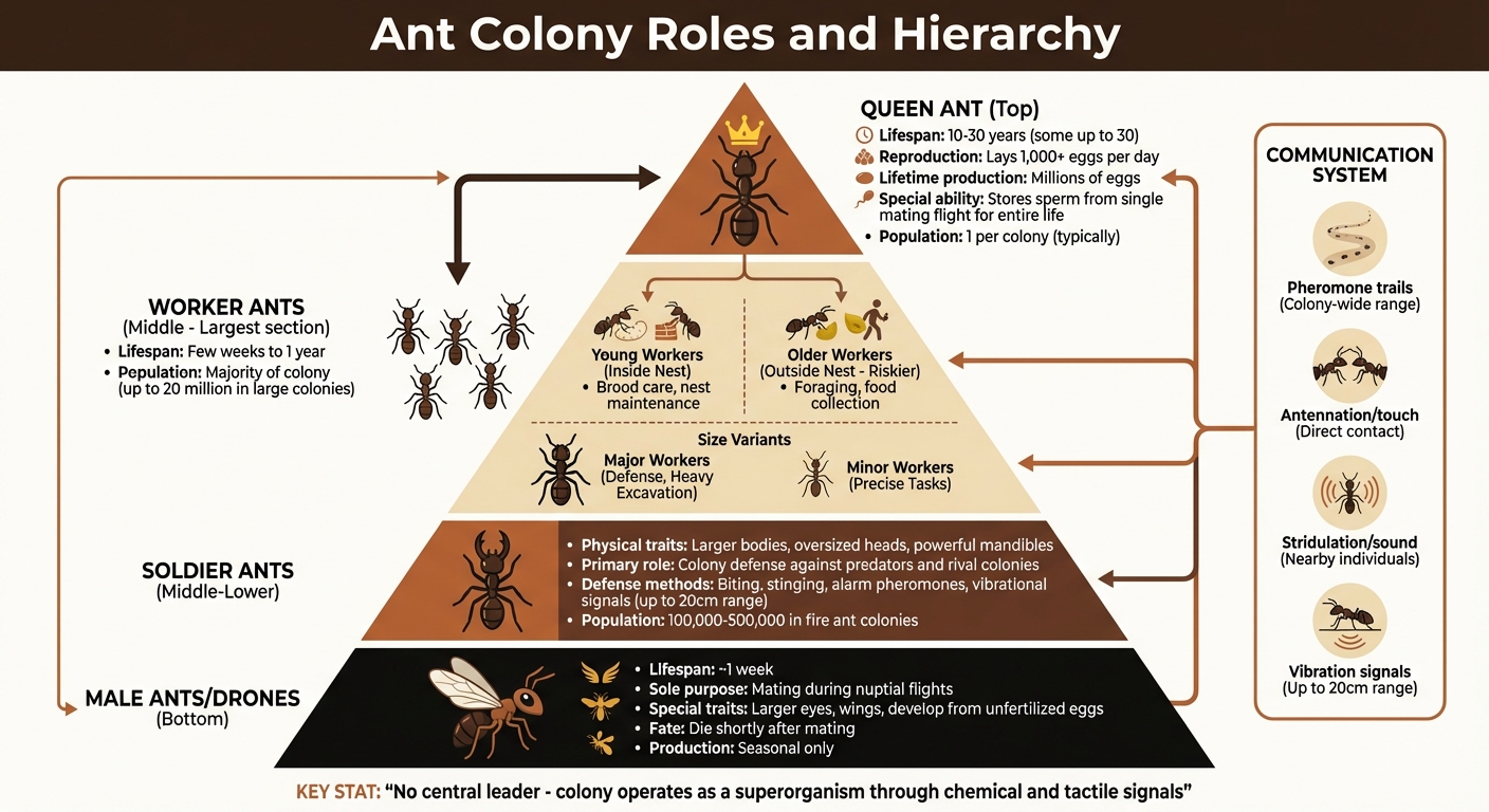 Ant Colony Hierarchy: Roles, Lifespans, and Population Distribution