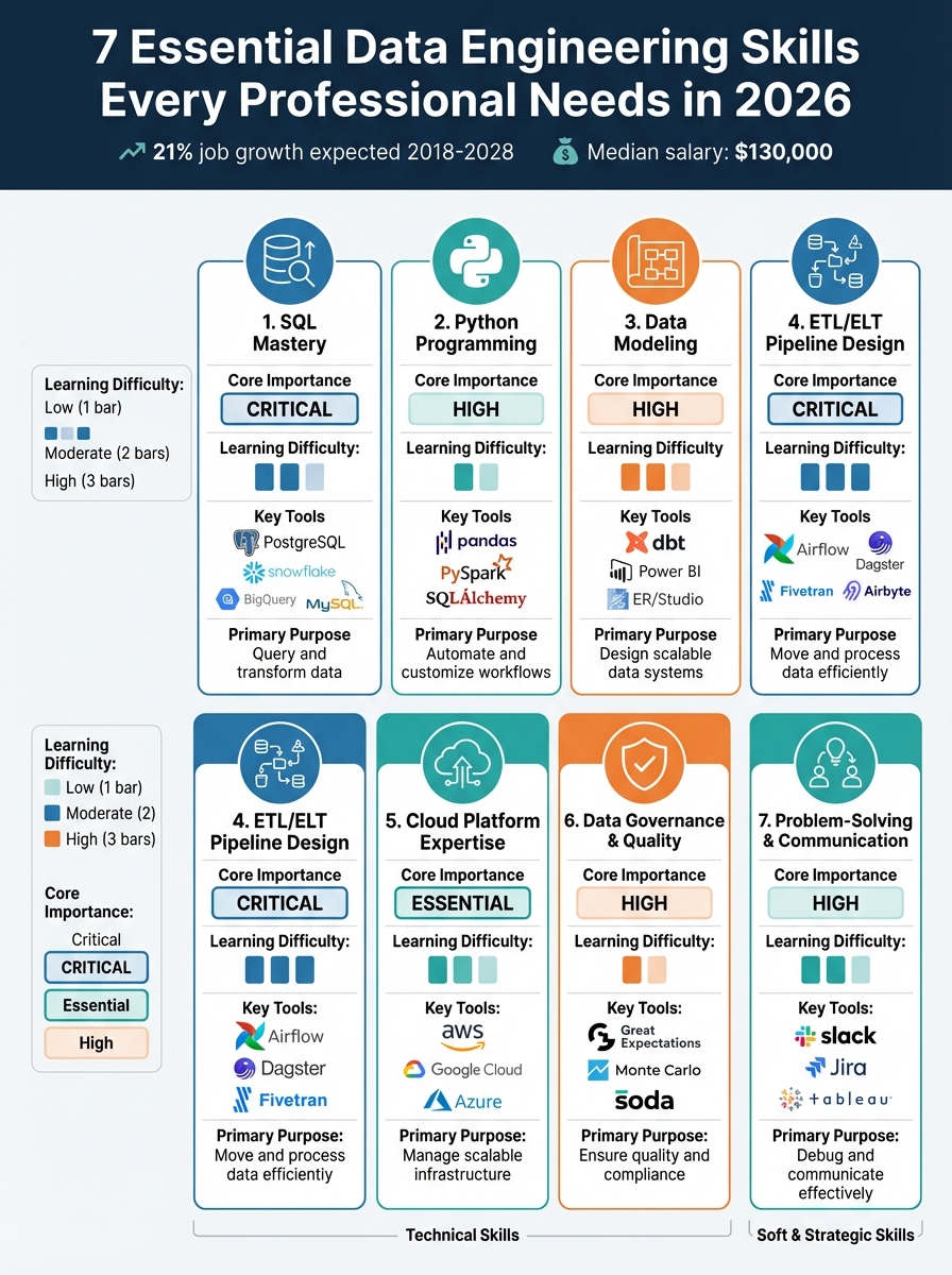 7 Essential Data Engineering Skills: Comparison of Importance, Difficulty, and Tools