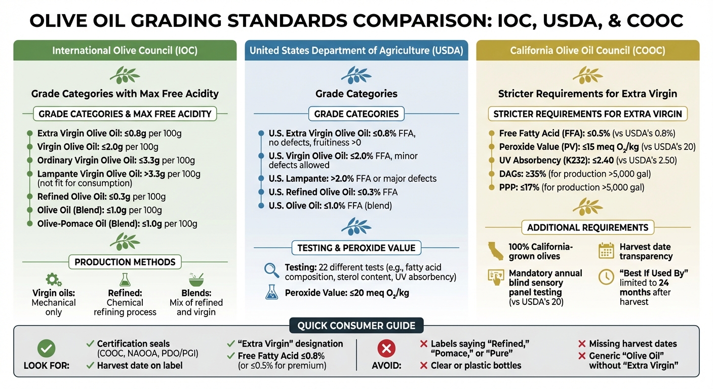 Olive Oil Grading Standards Comparison: IOC vs USDA vs COOC