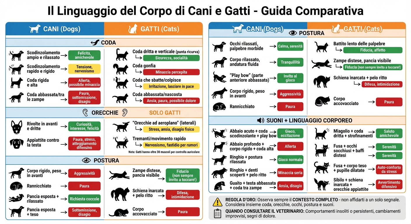Guida visiva al linguaggio del corpo di cani e gatti: segnali principali da riconoscere