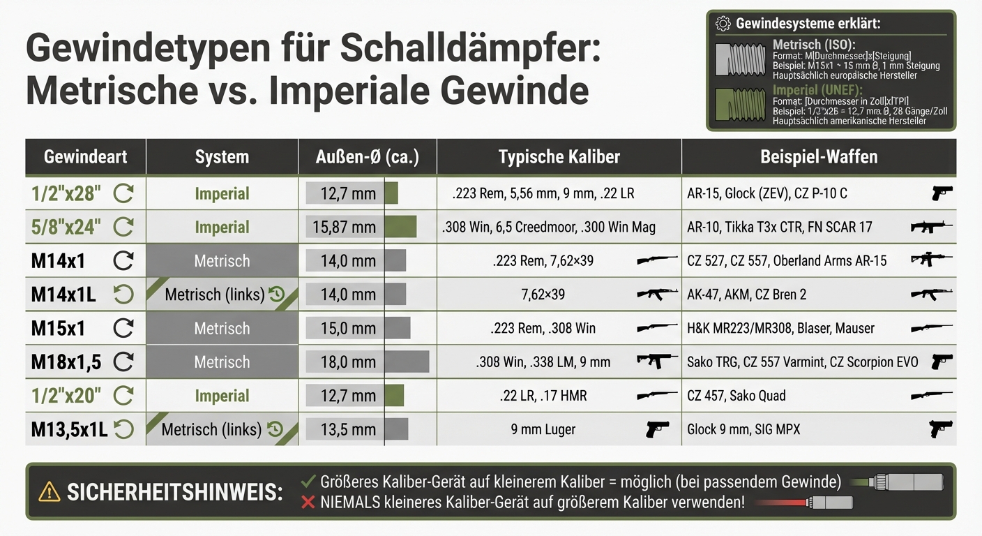 Übersicht gängiger Gewinde für Schalldämpfer: Metrische und imperiale Gewindetypen im Vergleich