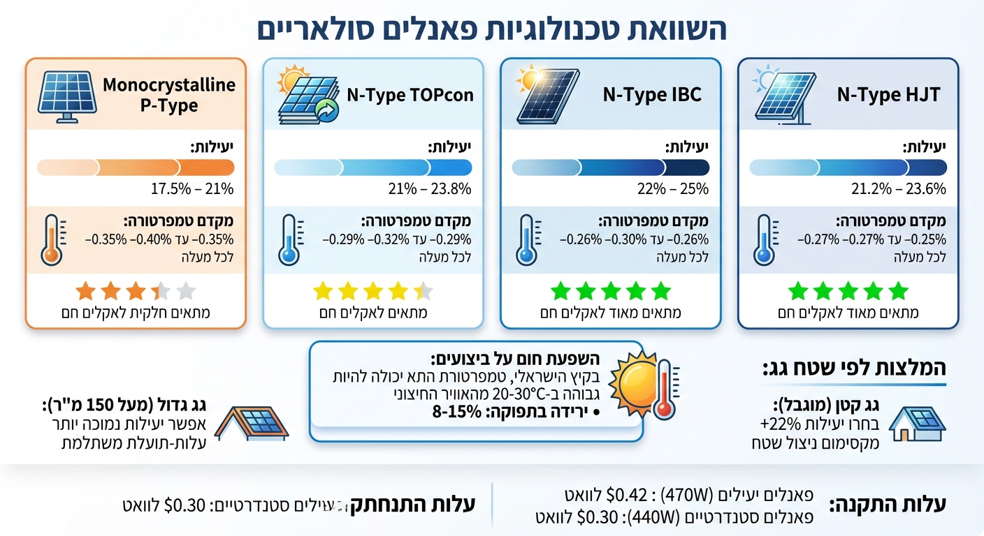 השוואת טכנולוגיות פאנלים סולאריים - יעילות ומקדם טמפרטורה