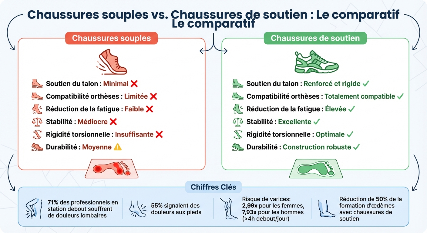 Comparaison chaussures souples vs chaussures de soutien pour station debout prolongée