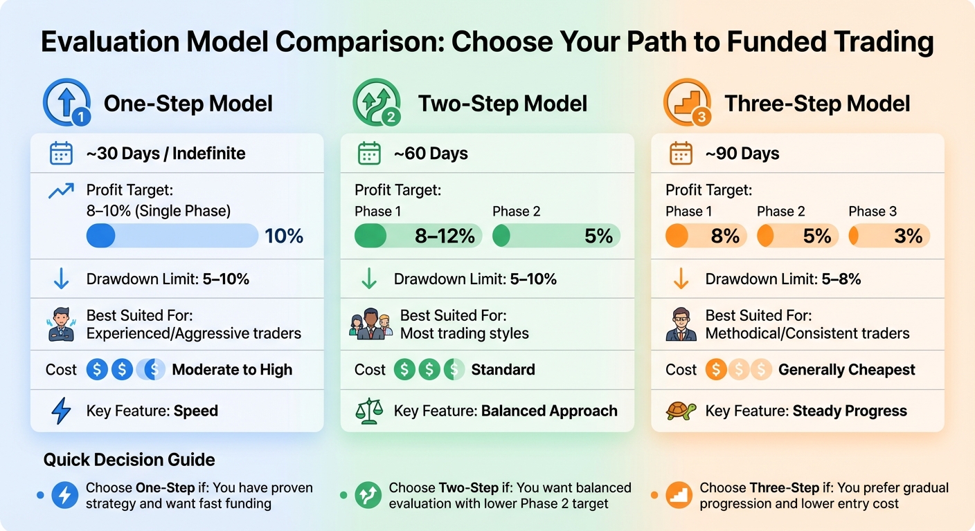 Funded Trading Challenge Evaluation Models Comparison: One-Step vs Two-Step vs Three-Step