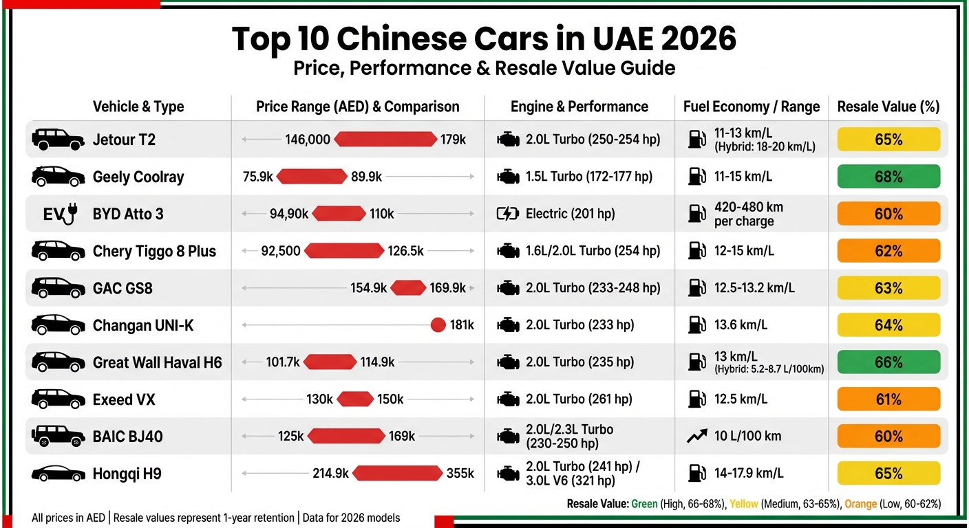 أفضل 10 سيارات صينية في الإمارات 2026: مقارنة الأسعار والمواصفات وقيمة إعادة البيع