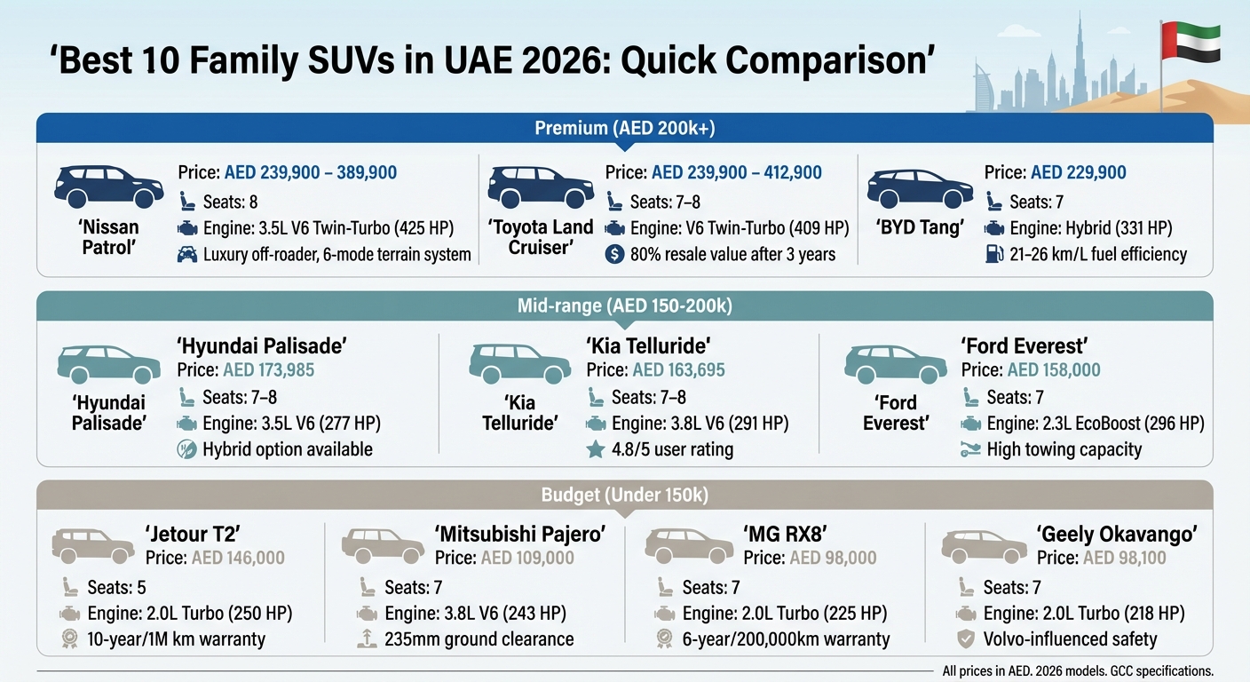 أفضل 10 سيارات SUV عائلية في الإمارات 2026: مقارنة الأسعار والمواصفات والميزات