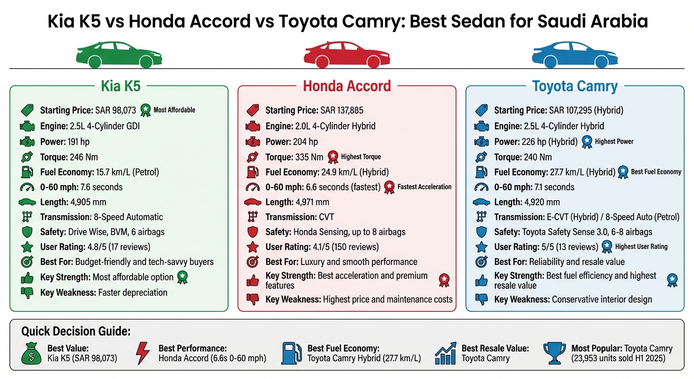 مقارنة كيا كي 5 وهوندا أكورد وتويوتا كامري في السعودية
