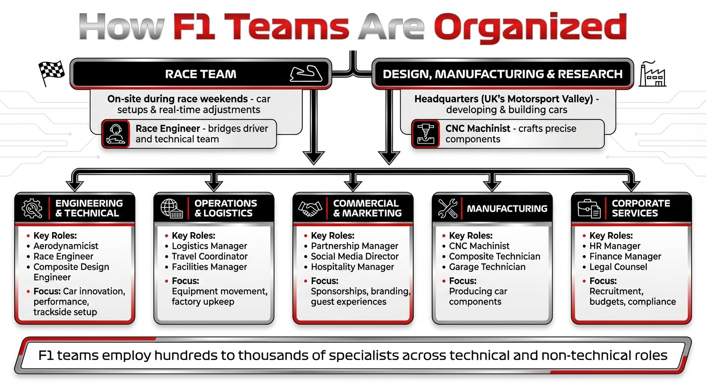 F1 Team Organizational Structure and Key Departments