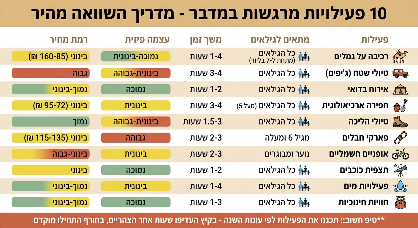 השוואת 10 פעילויות מדבריות למשפחות - מחירים, משך זמן ורמת קושי