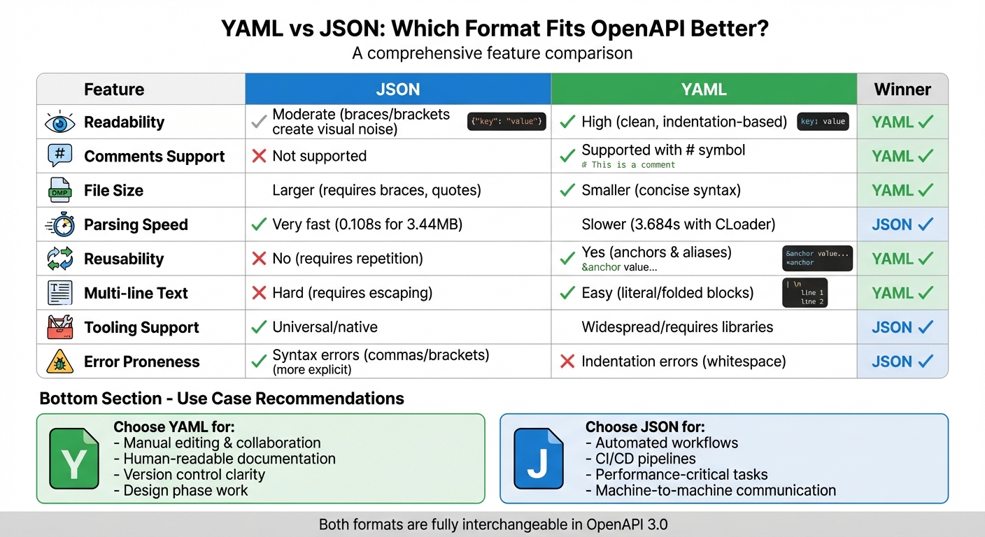 YAML vs JSON for OpenAPI: Feature Comparison Chart