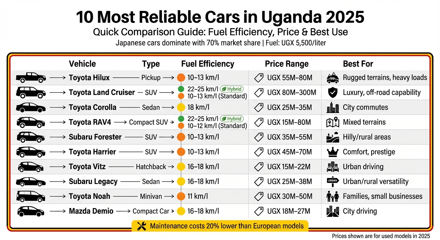 Top 10 Most Reliable Cars in Uganda 2025: Fuel Efficiency, Price & Best Use Comparison
