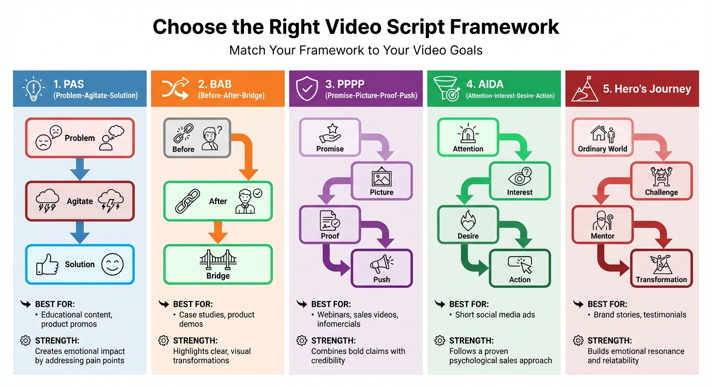 Video Script Framework Comparison Guide: PAS, BAB, PPPP, AIDA, and Hero's Journey