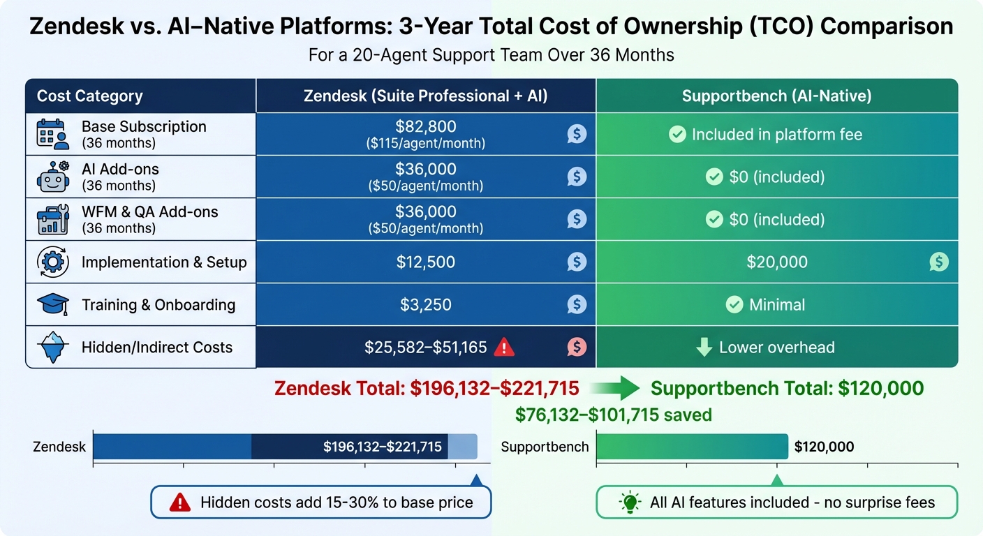 Zendesk vs AI-Native Platform 3-Year TCO Comparison for 20-Agent Teams