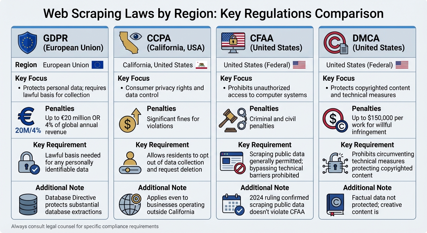 Web Scraping Laws and Regulations by Region: GDPR, CCPA, CFAA, and DMCA Comparison