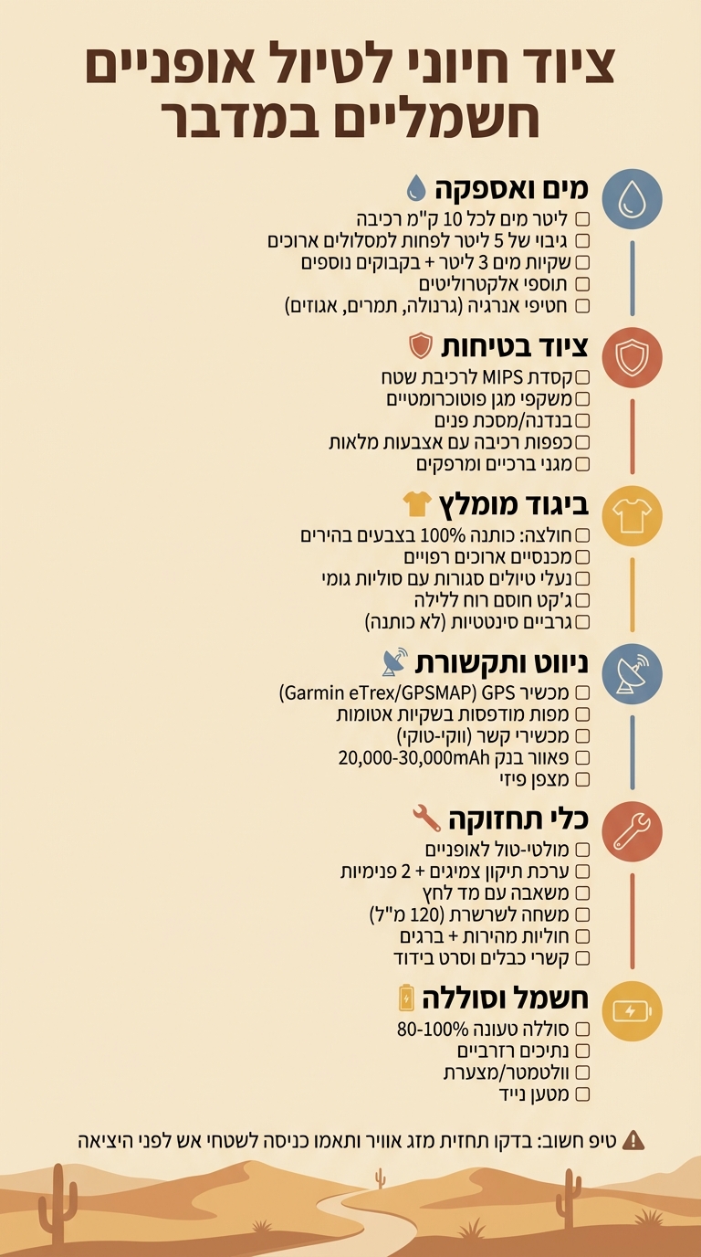 רשימת ציוד חיוני לטיול אופניים חשמליים במדבר