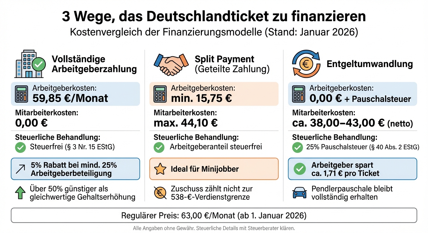 Deutschlandticket Kostenvergleich: 3 Finanzierungsmodelle für Arbeitgeber