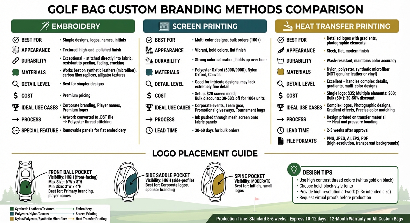 Golf Bag Branding Methods Comparison: Embroidery vs Screen Printing vs Heat Transfer
