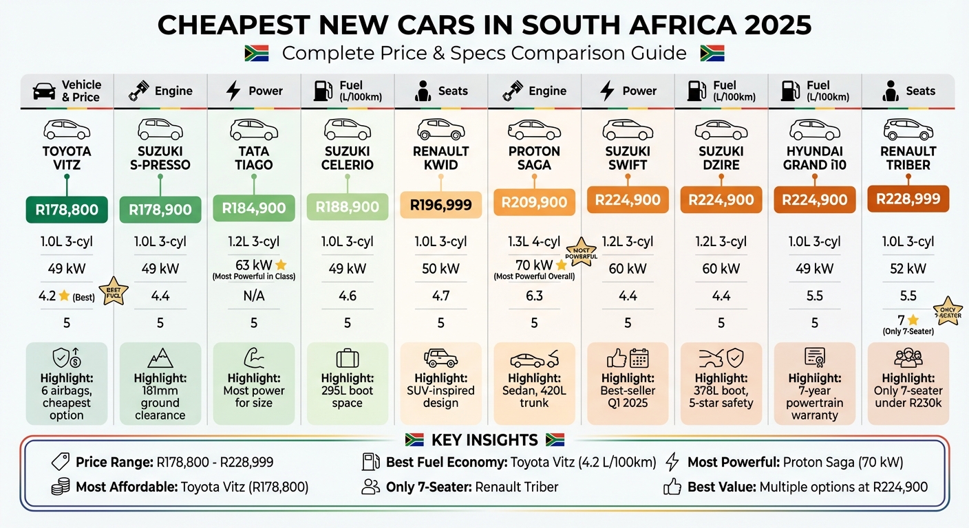 Top 10 Cheapest New Cars in South Africa 2025: Price and Specs Comparison
