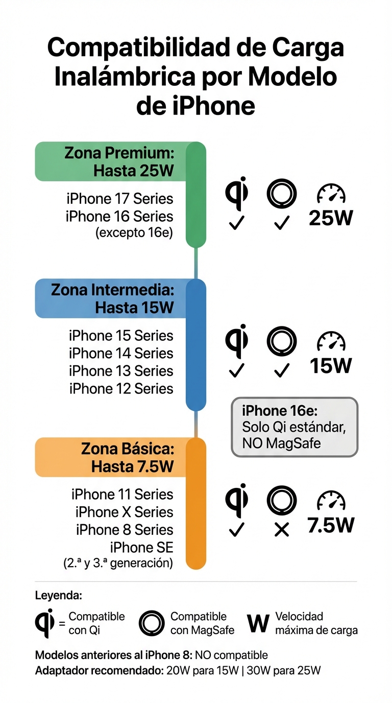 Compatibilidad y velocidad de carga inalámbrica por modelo de iPhone