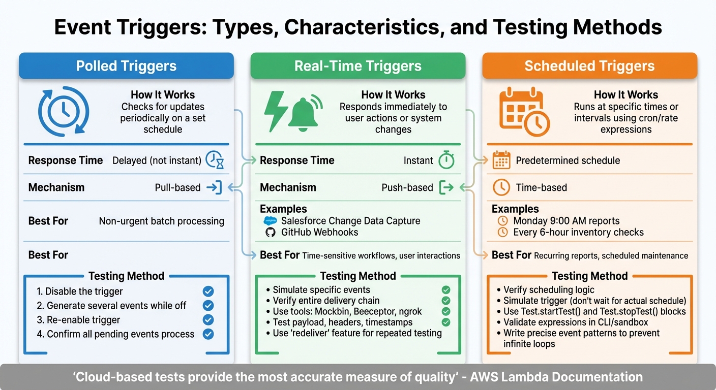 Three Types of Event Triggers: Testing Methods and Key Characteristics