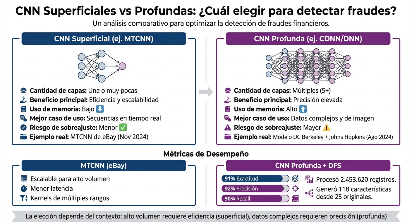Comparación de arquitecturas CNN superficiales vs profundas para detección de fraudes