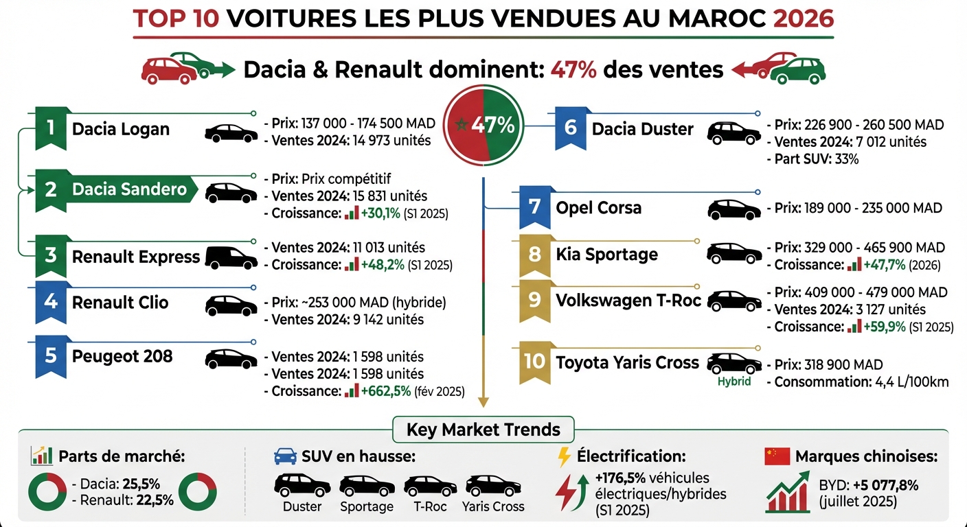 Top 10 voitures les plus vendues au Maroc 2026 - Prix et parts de marché
