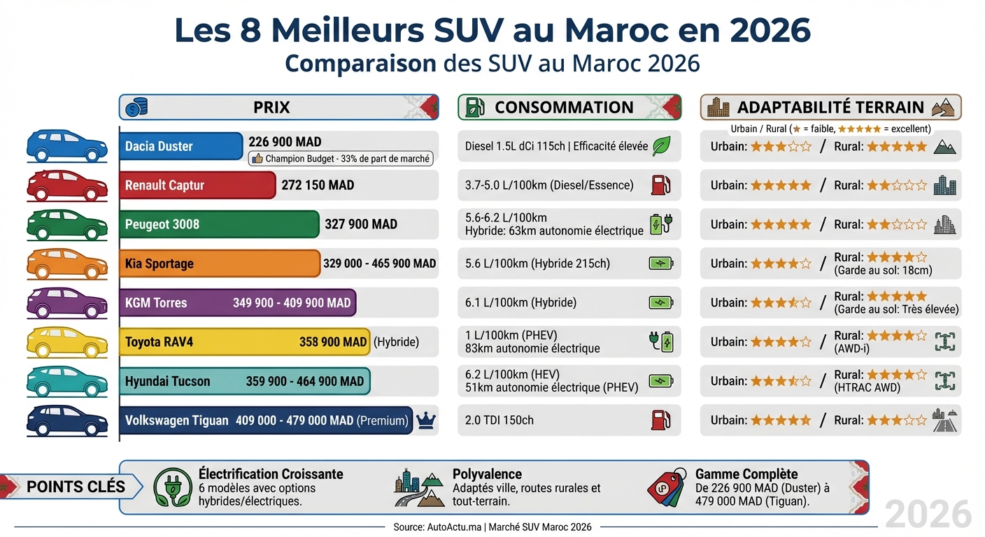 Comparaison des 8 meilleurs SUV au Maroc 2026 : prix, consommation et performances