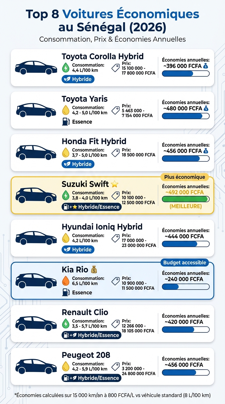 Comparatif des 8 voitures les plus économiques au Sénégal 2026