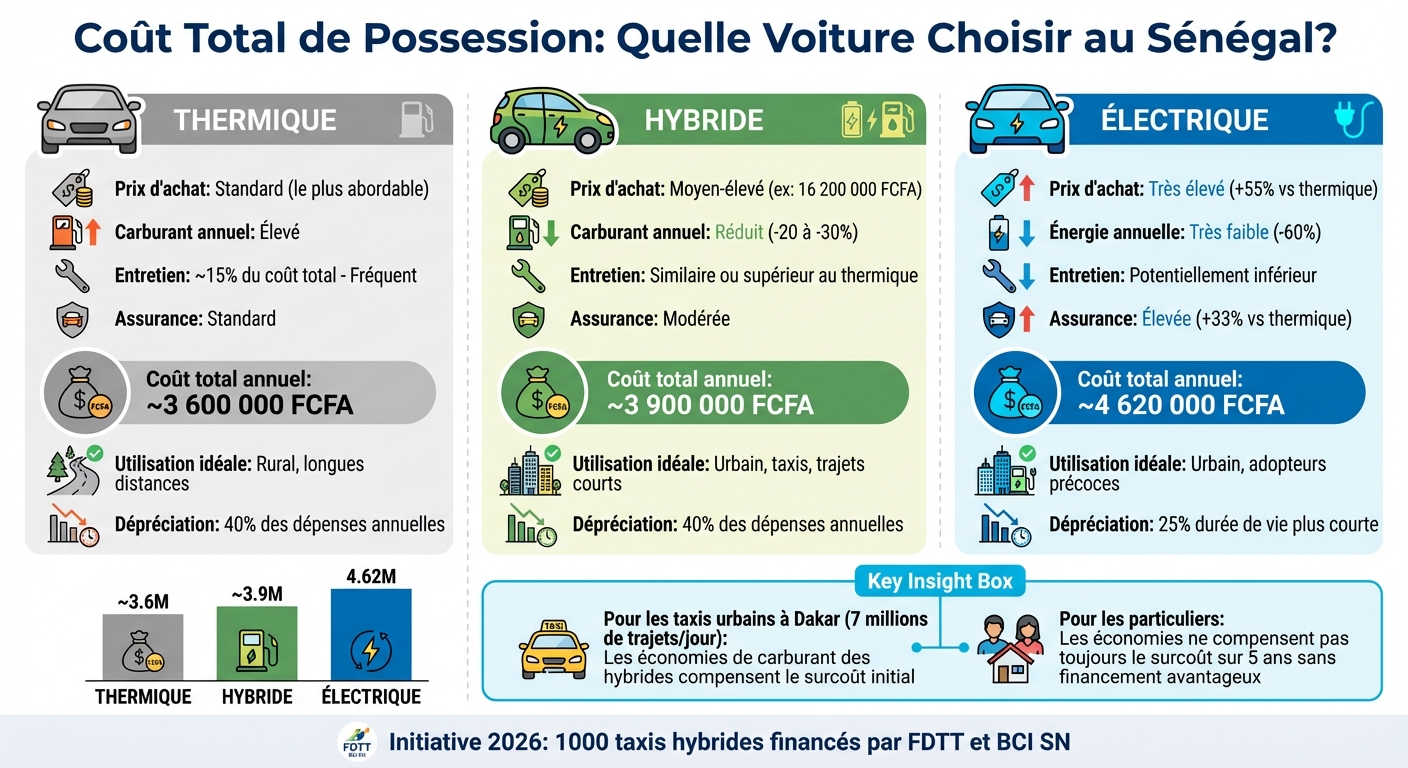 Comparaison coût total véhicules hybrides, thermiques et électriques au Sénégal 2026
