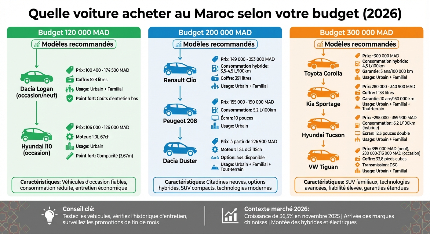 Guide d'achat voiture Maroc 2026 par budget (120k, 200k, 300k MAD)