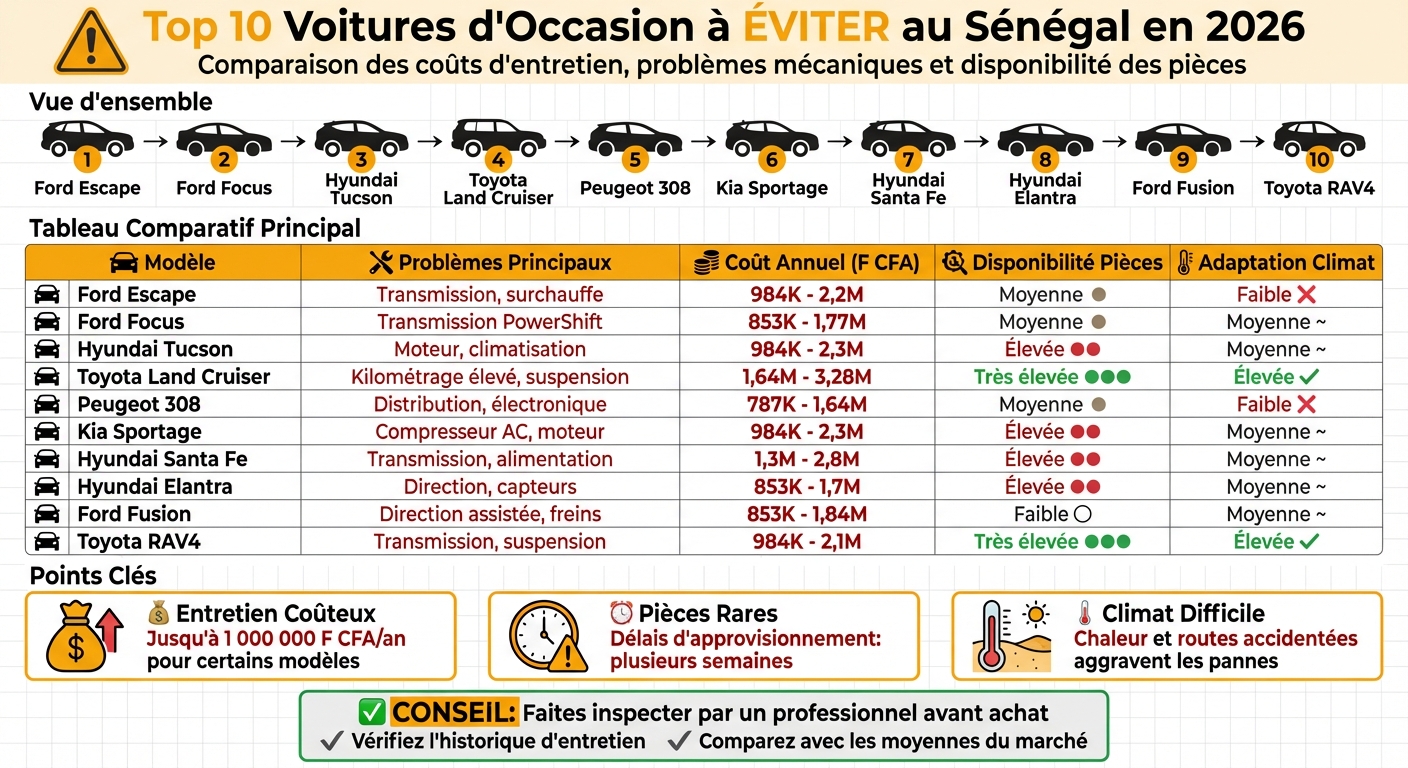 Top 10 voitures d'occasion à éviter au Sénégal 2026 : coûts et problèmes