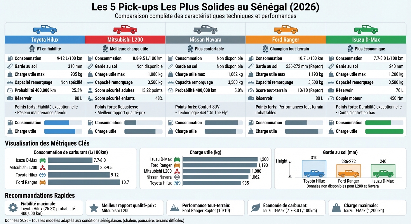 Comparaison des 5 meilleurs pick-ups au Sénégal 2026 : caractéristiques et performances