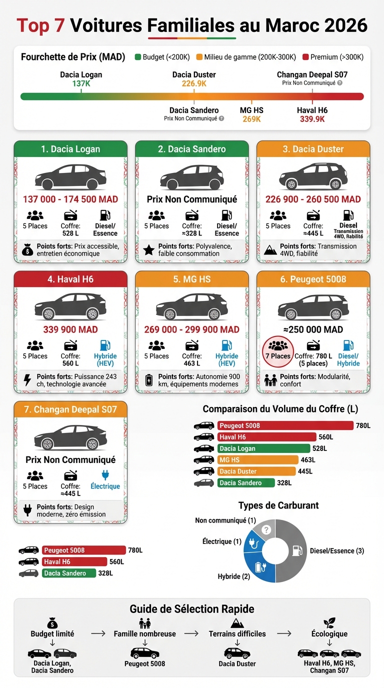 Comparatif des 7 meilleures voitures familiales au Maroc 2026 - Prix, caractéristiques et motorisations