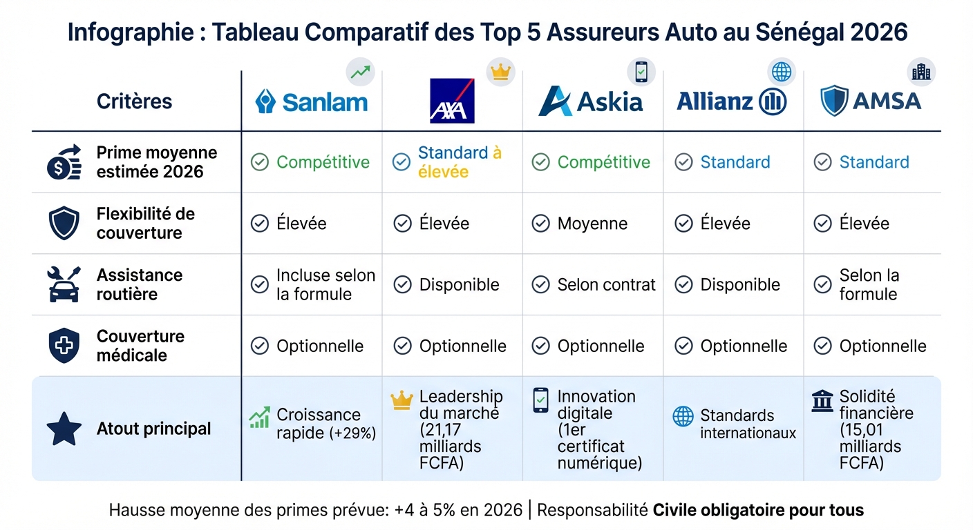 Comparatif des 5 principales assurances auto au Sénégal en 2026