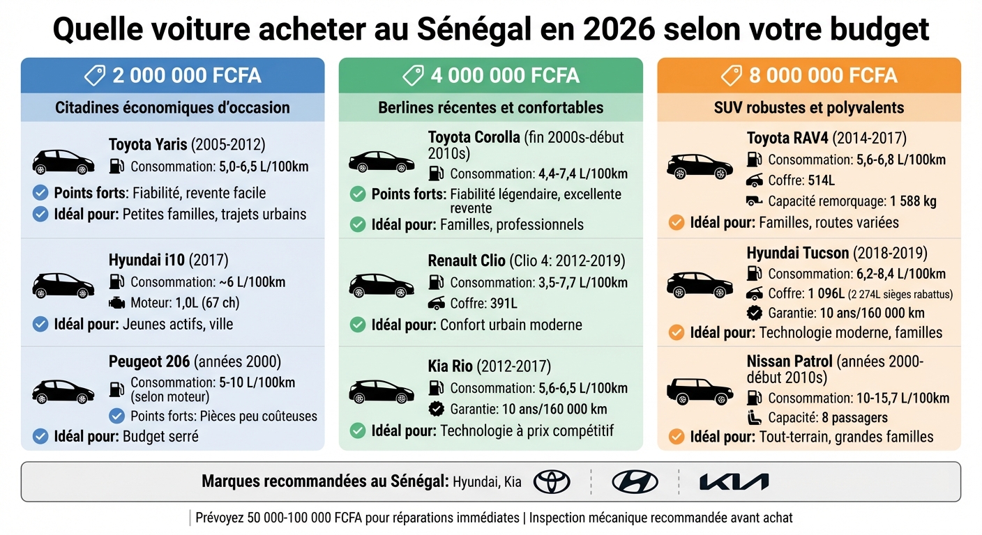 Guide d'achat voiture Sénégal 2026 : 2M, 4M et 8M FCFA comparés