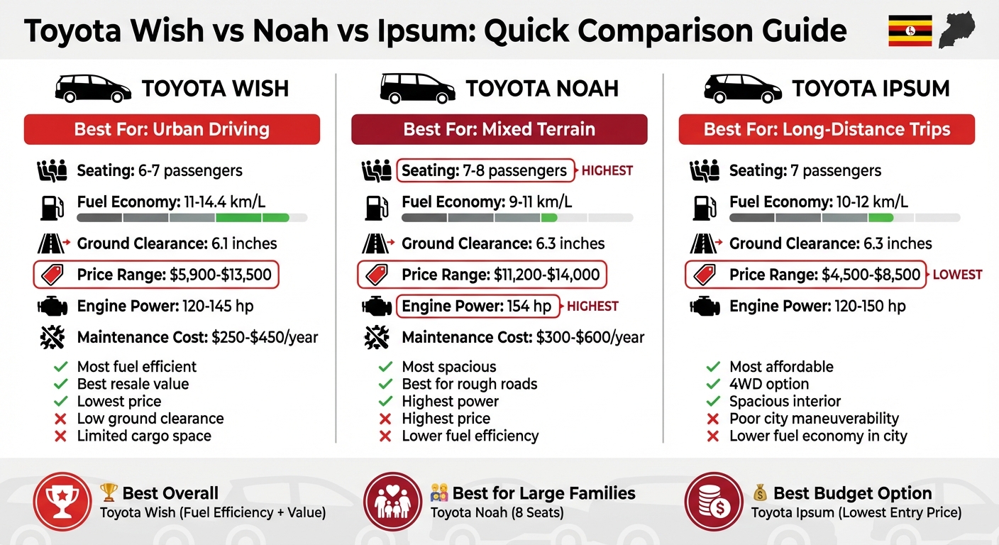 Toyota Wish vs Noah vs Ipsum Comparison Chart for Uganda 2026