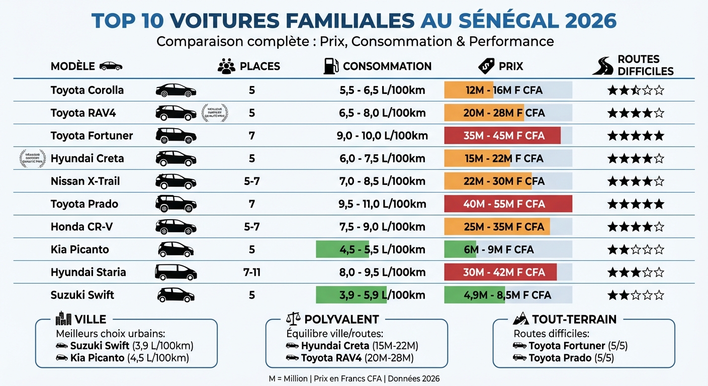 Comparatif des 10 meilleures voitures familiales au Sénégal 2026 : prix, consommation et capacités