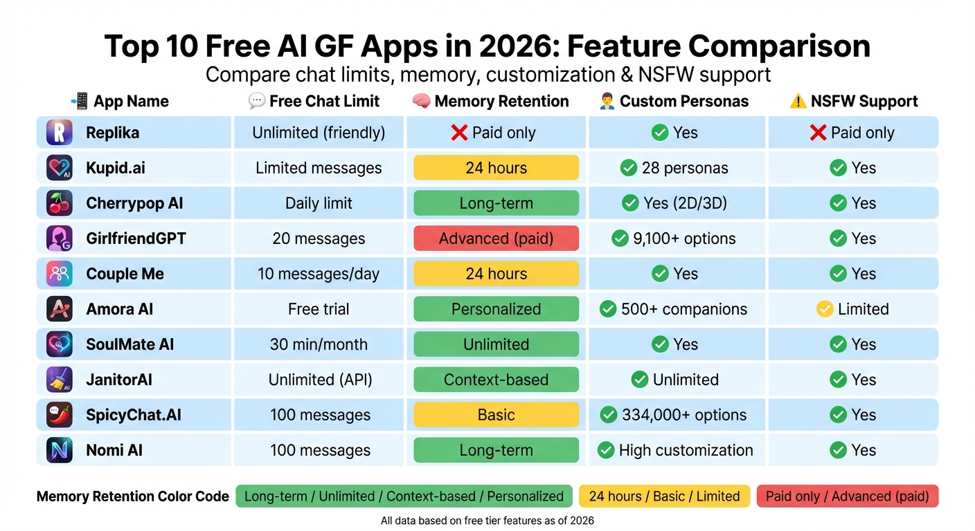 Top 10 Free AI Girlfriend Apps 2026: Features Comparison Chart