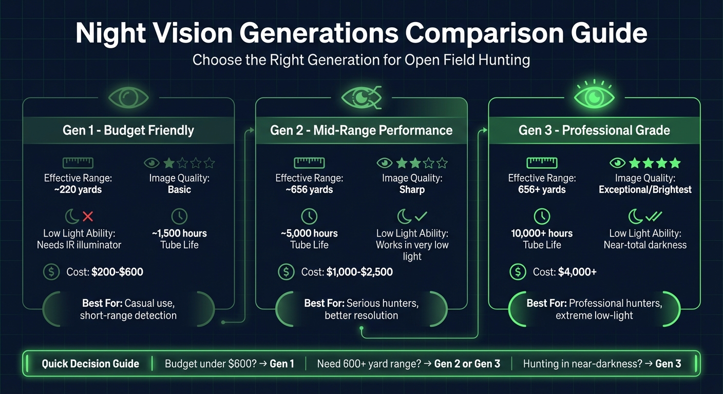 Night Vision Binoculars Generation Comparison Chart: Gen 1 vs Gen 2 vs Gen 3