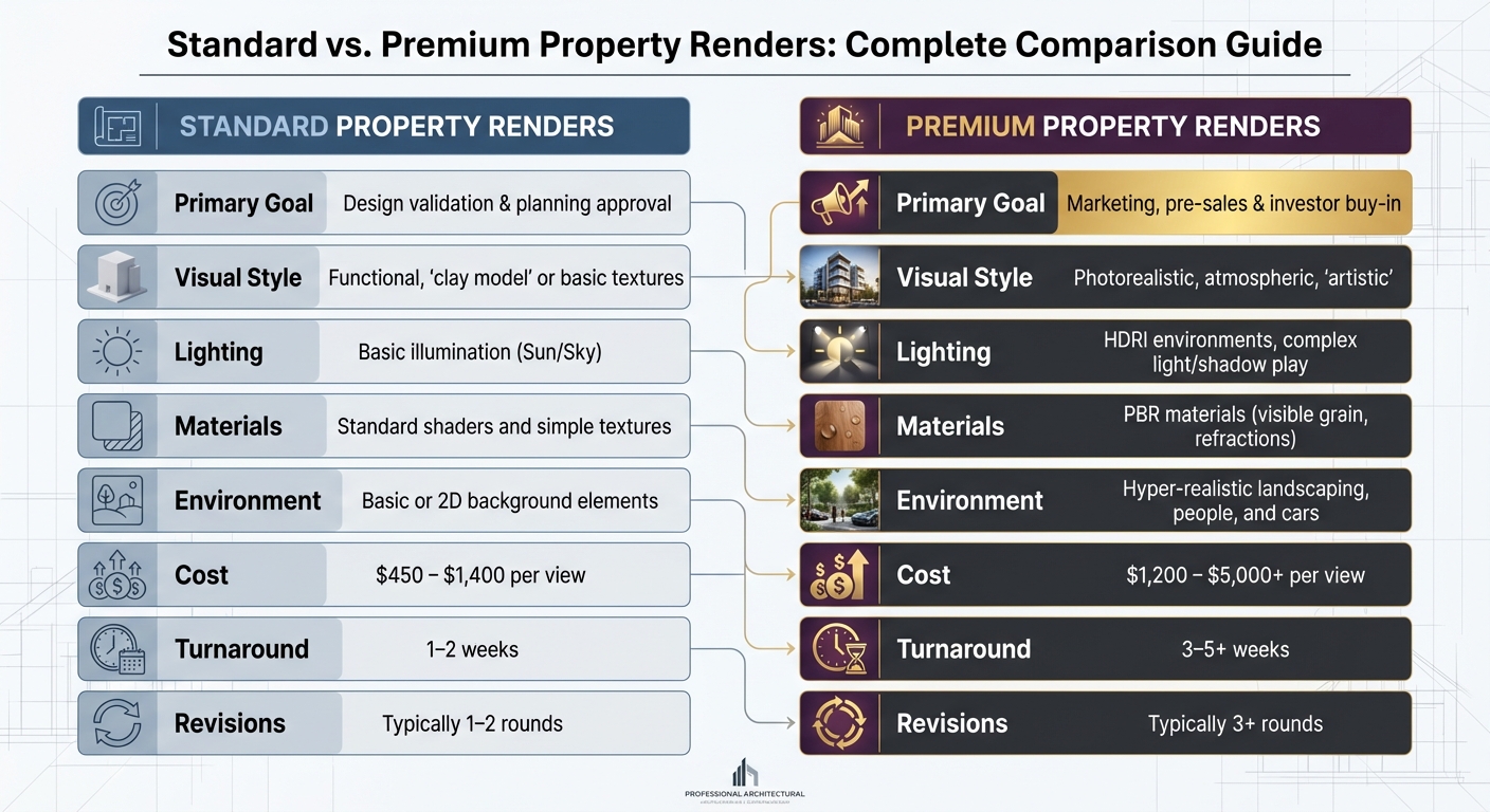 Standard vs Premium Property Renders: Cost, Timeline and Features Comparison